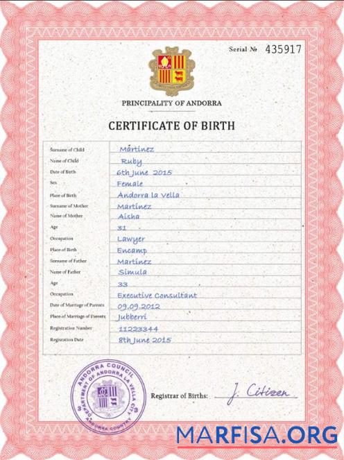 Printable Andorra vital record birth certificate PSD template